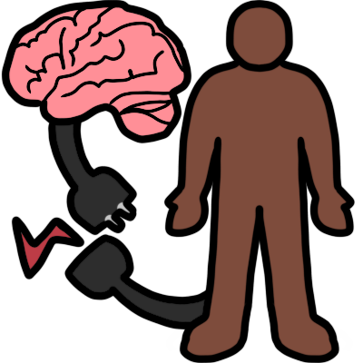 a pink brain and a brown colored body. both have a black cable with plug coming out of them. the plugs are disconnected, and there's a small red zigzag showing that it isn't working.